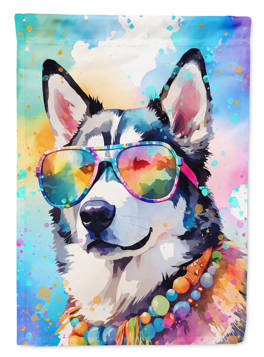 Siberian Husky Hippie Dawg Garden Flag – Retro Dog with Sunglasses & Multicolored Background