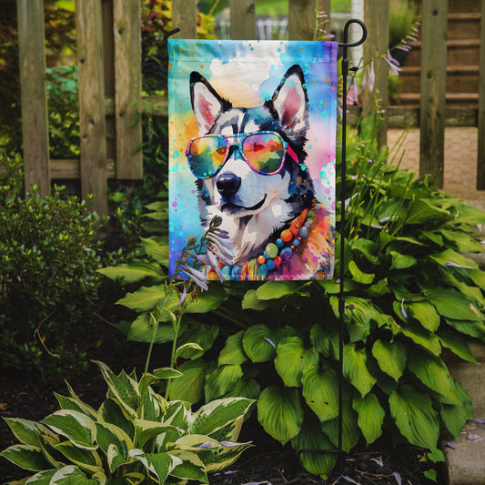 Siberian Husky Hippie Dawg Garden Flag – Retro Dog with Sunglasses & Multicolored Background