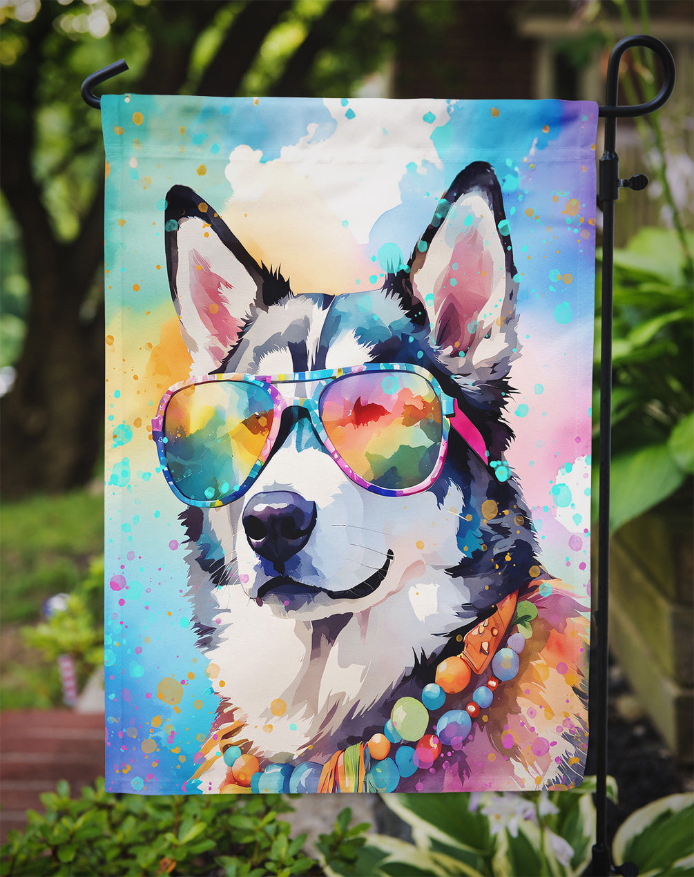 Siberian Husky Hippie Dawg Garden Flag – Retro Dog with Sunglasses & Multicolored Background
