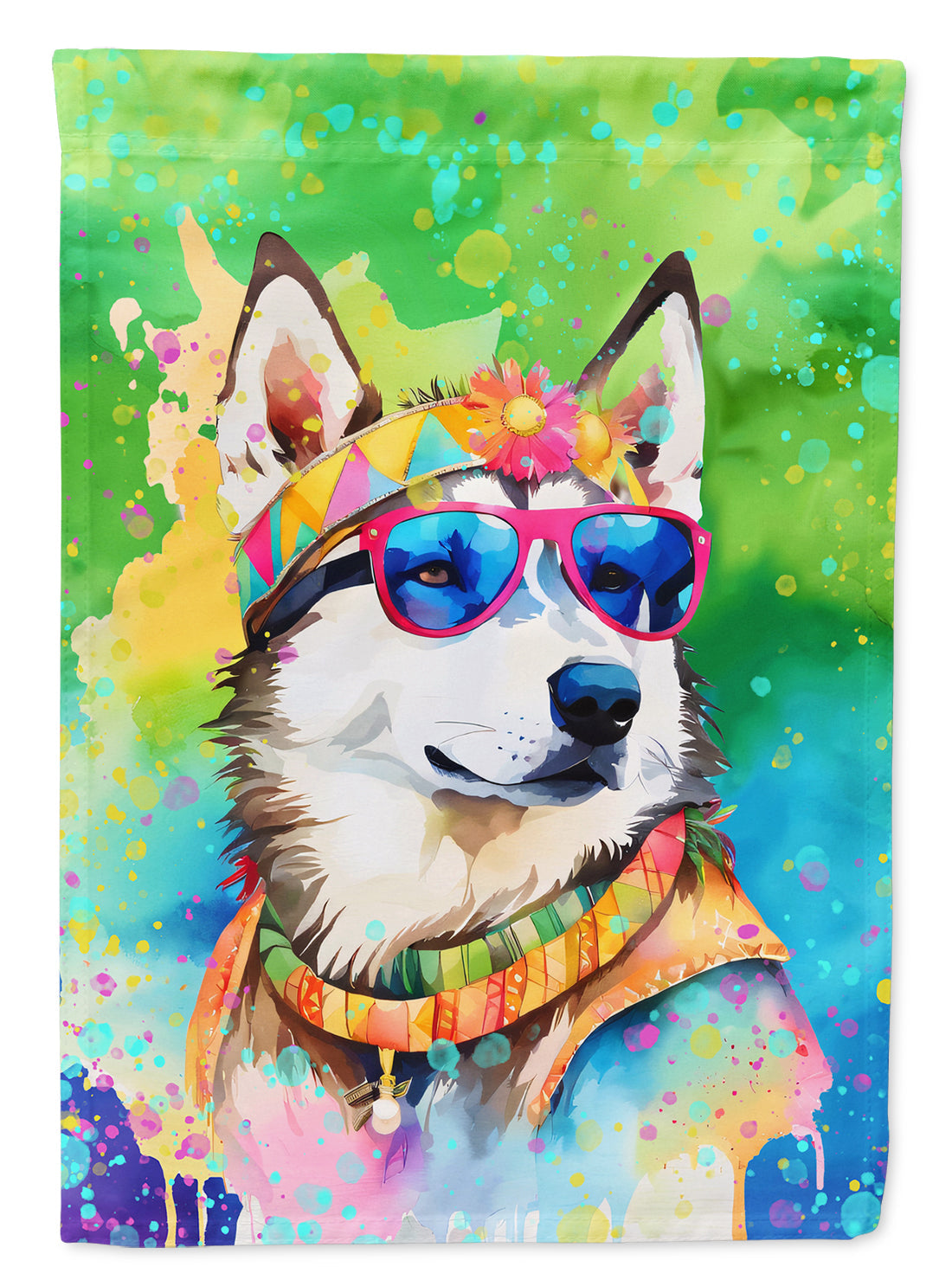Siberian Husky Hippie Dawg Garden Flag – Retro Dog with Sunglasses & Multicolored Background