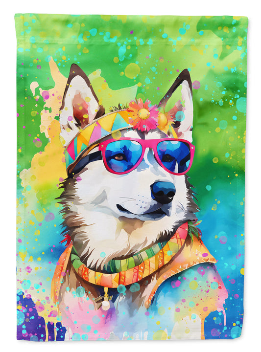 Siberian Husky Hippie Dawg Garden Flag – Retro Dog with Sunglasses & Multicolored Background