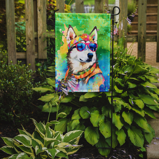 Siberian Husky Hippie Dawg Garden Flag – Retro Dog with Sunglasses & Multicolored Background