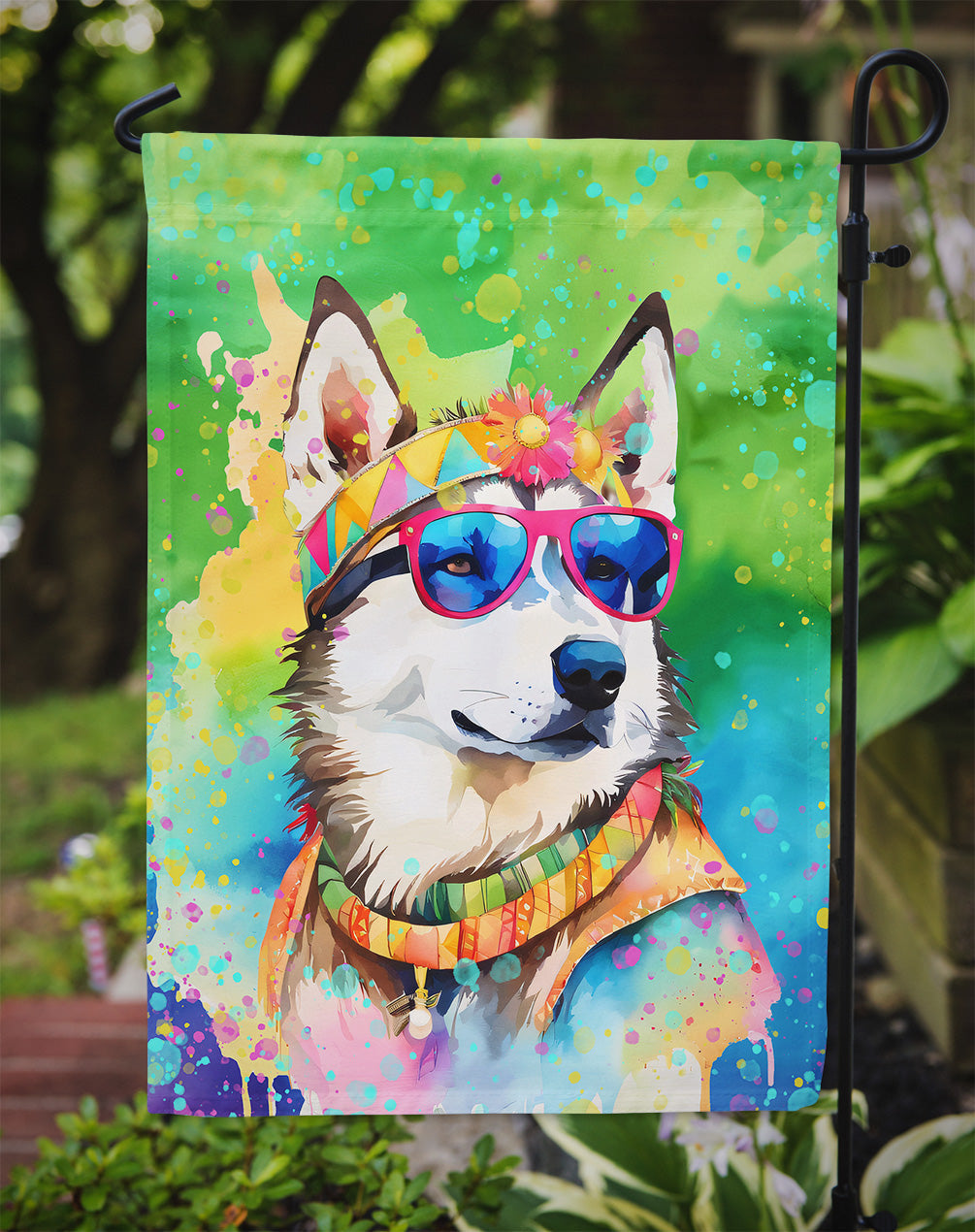 Siberian Husky Hippie Dawg Garden Flag – Retro Dog with Sunglasses & Multicolored Background
