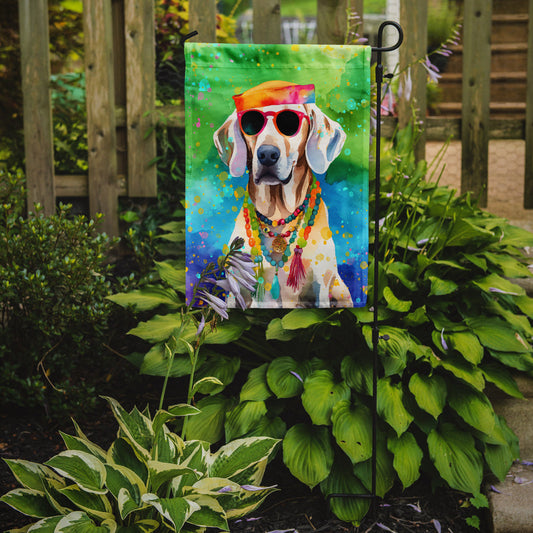 Weimaraner Hippie Dawg Garden Flag – Retro Dog with Sunglasses & Multicolored Background