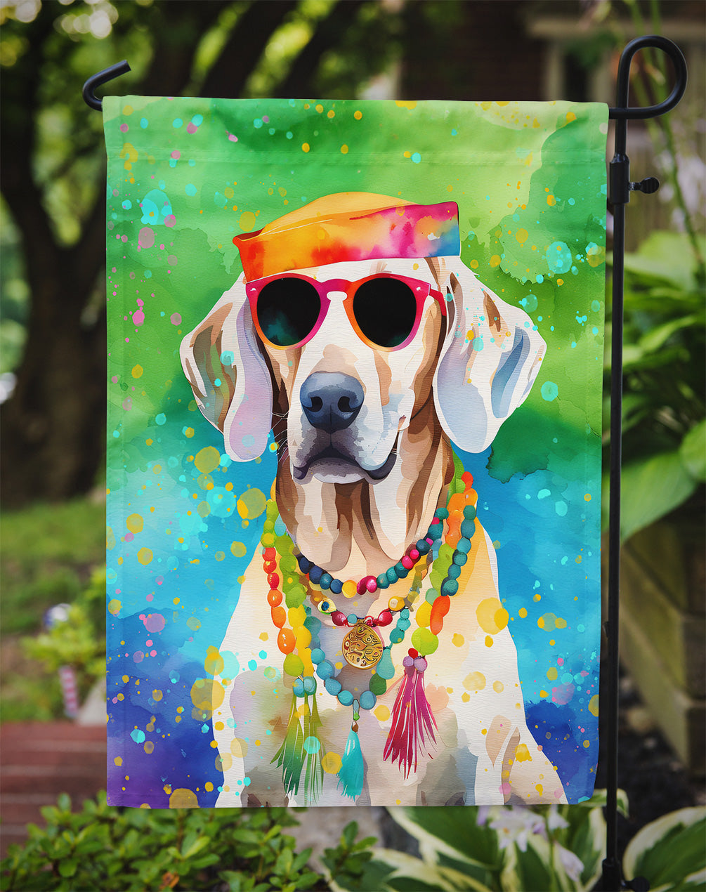 Weimaraner Hippie Dawg Garden Flag – Retro Dog with Sunglasses & Multicolored Background