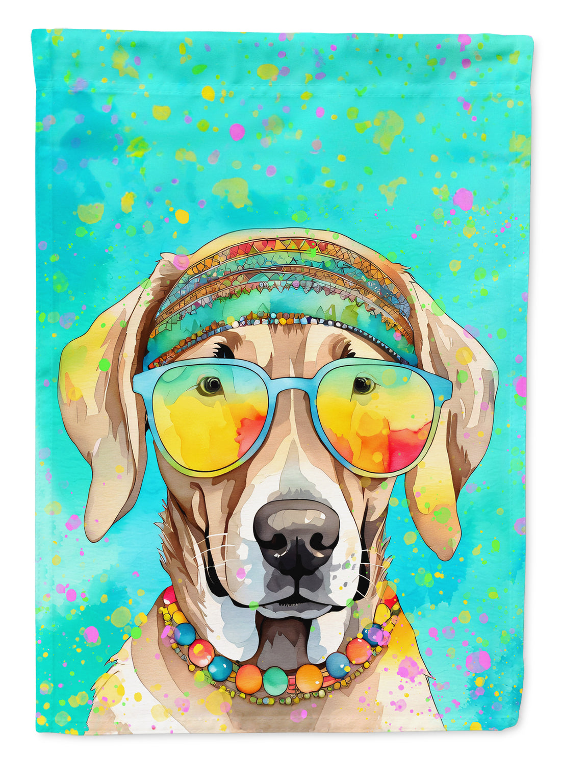 Weimaraner Hippie Dawg Garden Flag – Retro Dog with Sunglasses & Multicolored Background