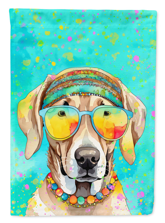 Weimaraner Hippie Dawg Garden Flag – Retro Dog with Sunglasses & Multicolored Background