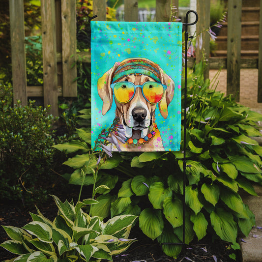 Weimaraner Hippie Dawg Garden Flag – Retro Dog with Sunglasses & Multicolored Background