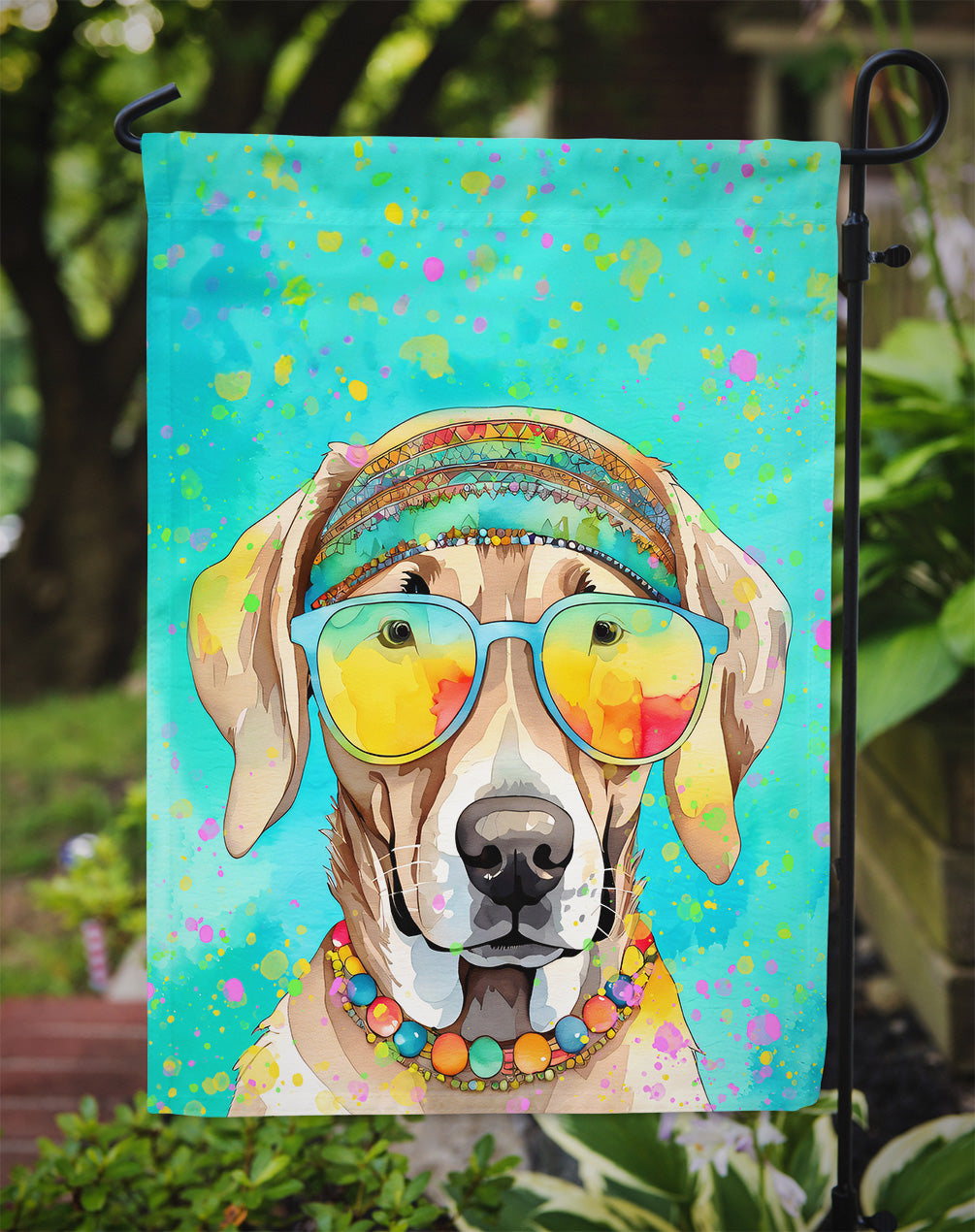 Weimaraner Hippie Dawg Garden Flag – Retro Dog with Sunglasses & Multicolored Background