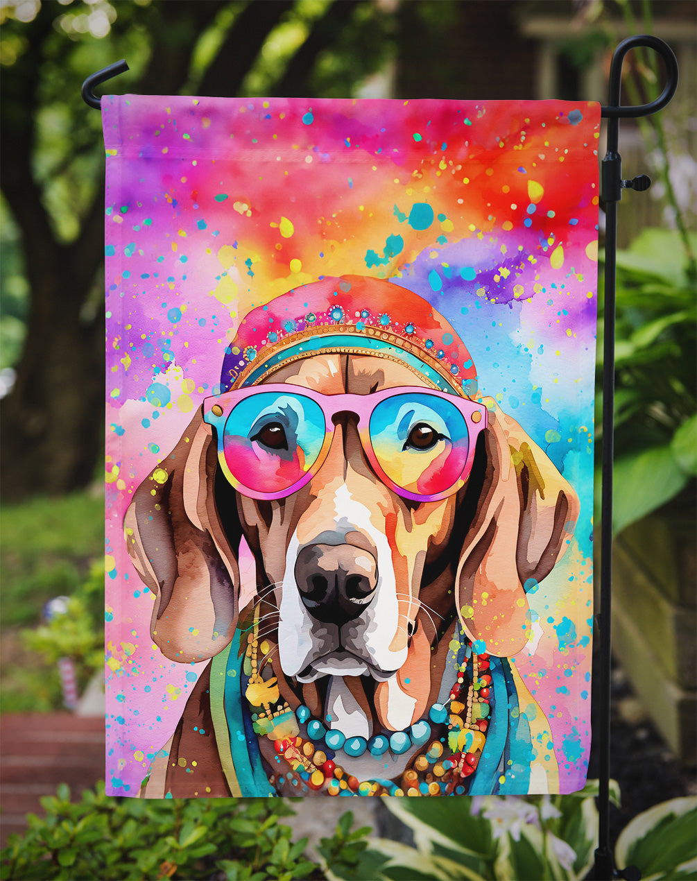Weimaraner Hippie Dawg Garden Flag – Retro Dog with Sunglasses & Multicolored Background