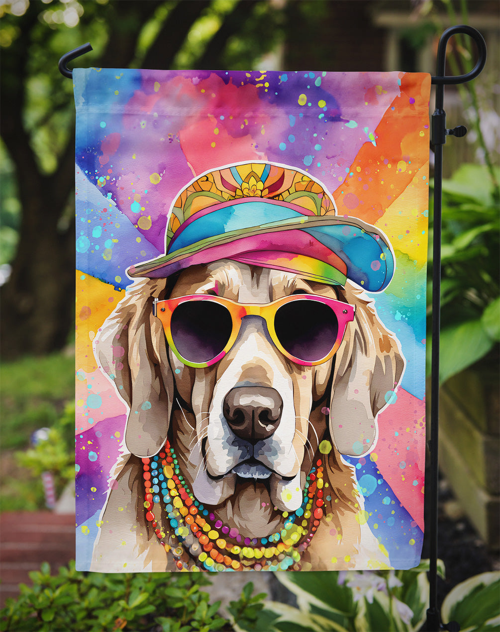 Weimaraner Hippie Dawg Garden Flag – Retro Dog with Sunglasses & Multicolored Background