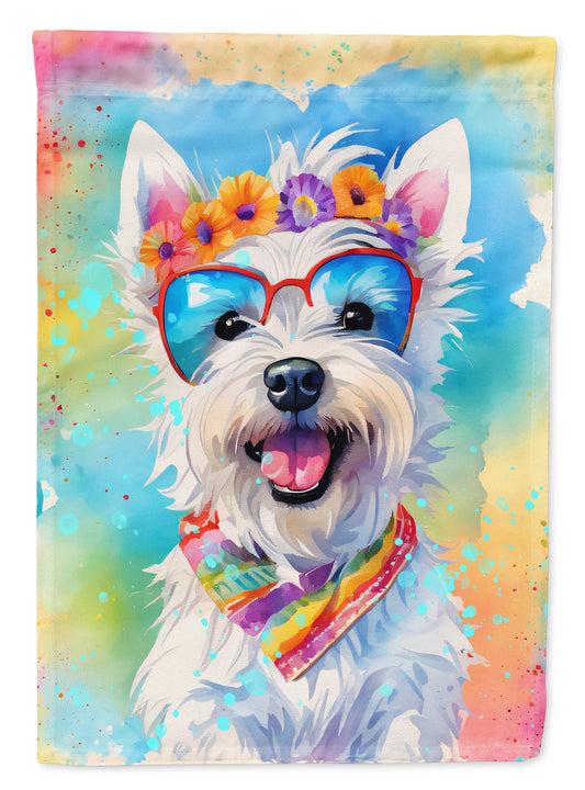 Westie Hippie Dawg Garden Flag – Retro Dog with Sunglasses & Multicolored Background