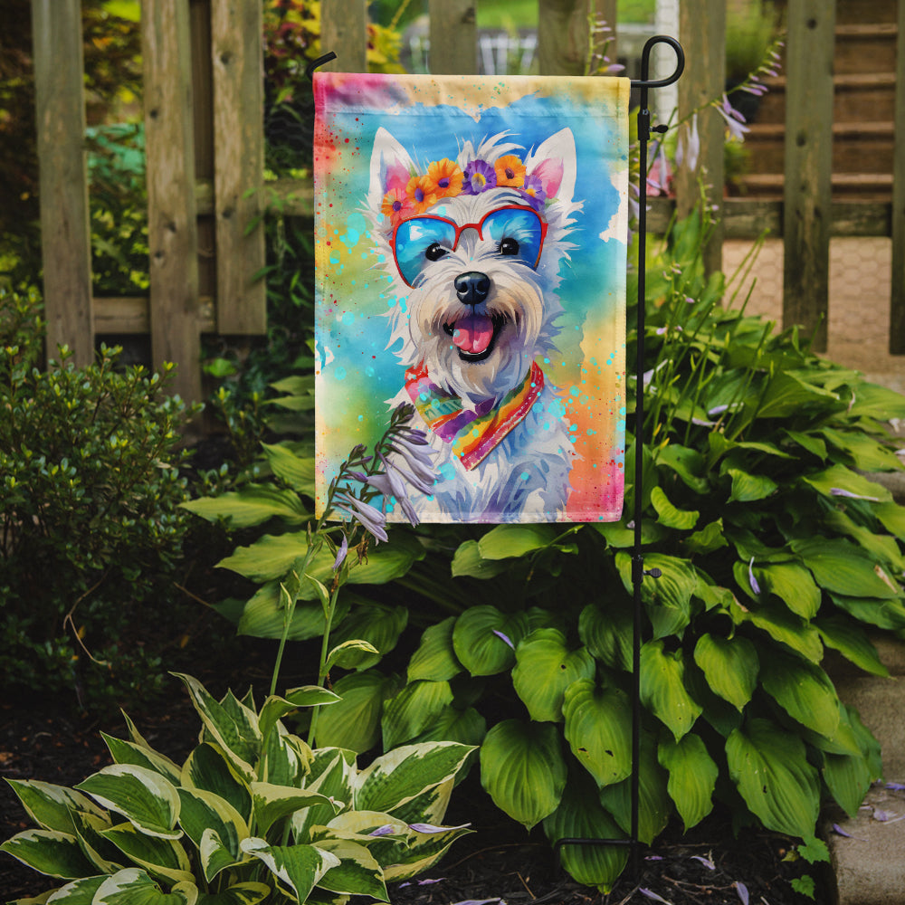 Westie Hippie Dawg Garden Flag – Retro Dog with Sunglasses & Multicolored Background