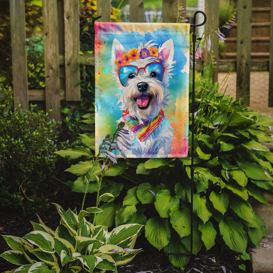 Westie Hippie Dawg Garden Flag – Retro Dog with Sunglasses & Multicolored Background