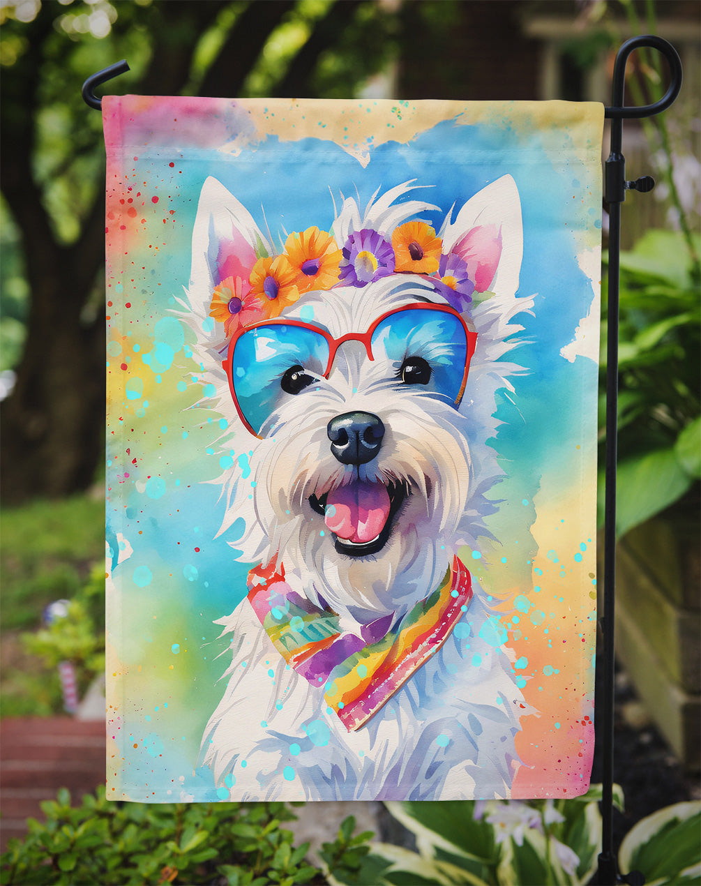 Westie Hippie Dawg Garden Flag – Retro Dog with Sunglasses & Multicolored Background
