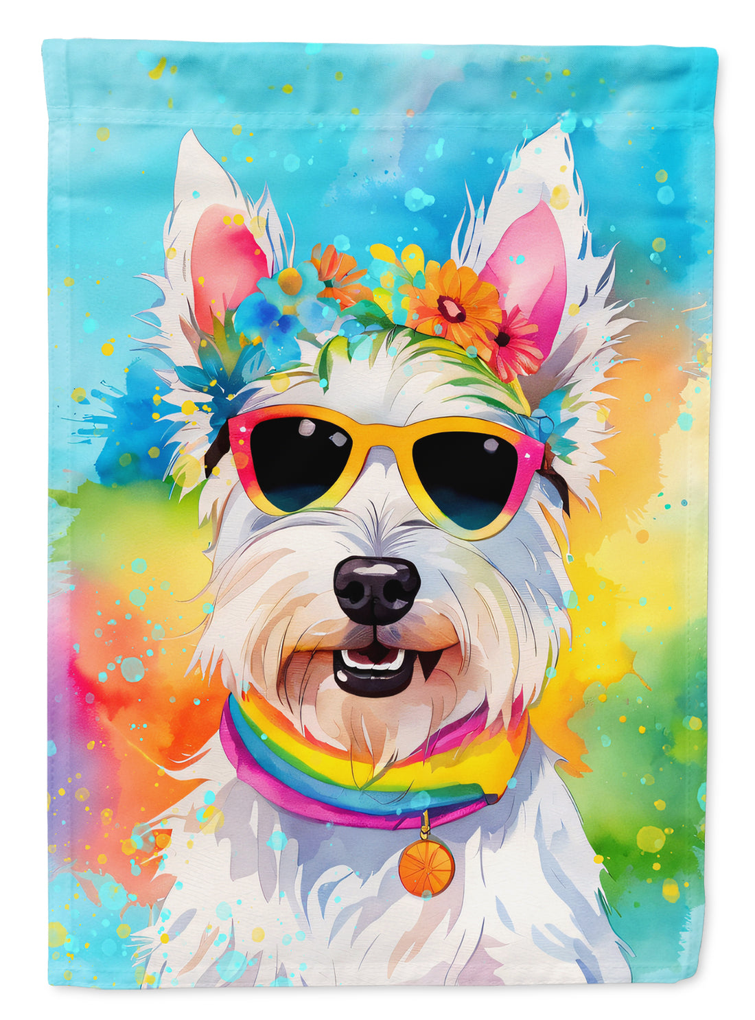 Westie Hippie Dawg Garden Flag – Retro Dog with Sunglasses & Multicolored Background