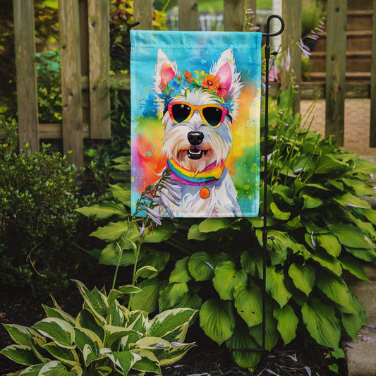 Westie Hippie Dawg Garden Flag – Retro Dog with Sunglasses & Multicolored Background