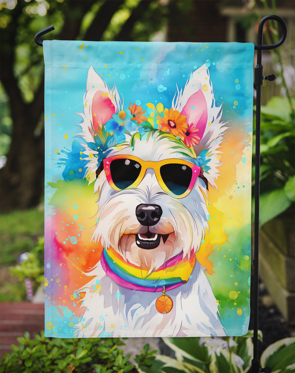 Westie Hippie Dawg Garden Flag – Retro Dog with Sunglasses & Multicolored Background