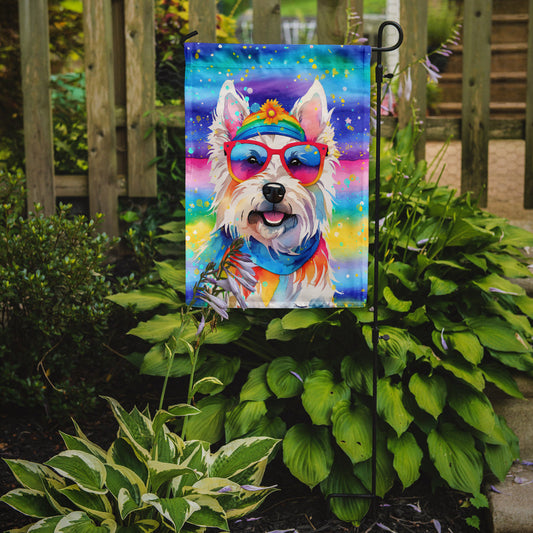 Westie Hippie Dawg Garden Flag – Retro Dog with Sunglasses & Multicolored Background