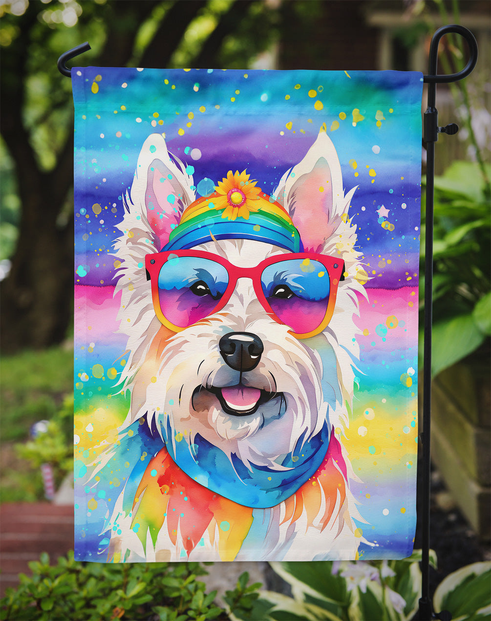 Westie Hippie Dawg Garden Flag – Retro Dog with Sunglasses & Multicolored Background