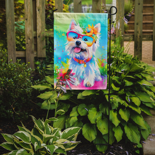 Westie Hippie Dawg Garden Flag – Retro Dog with Sunglasses & Multicolored Background