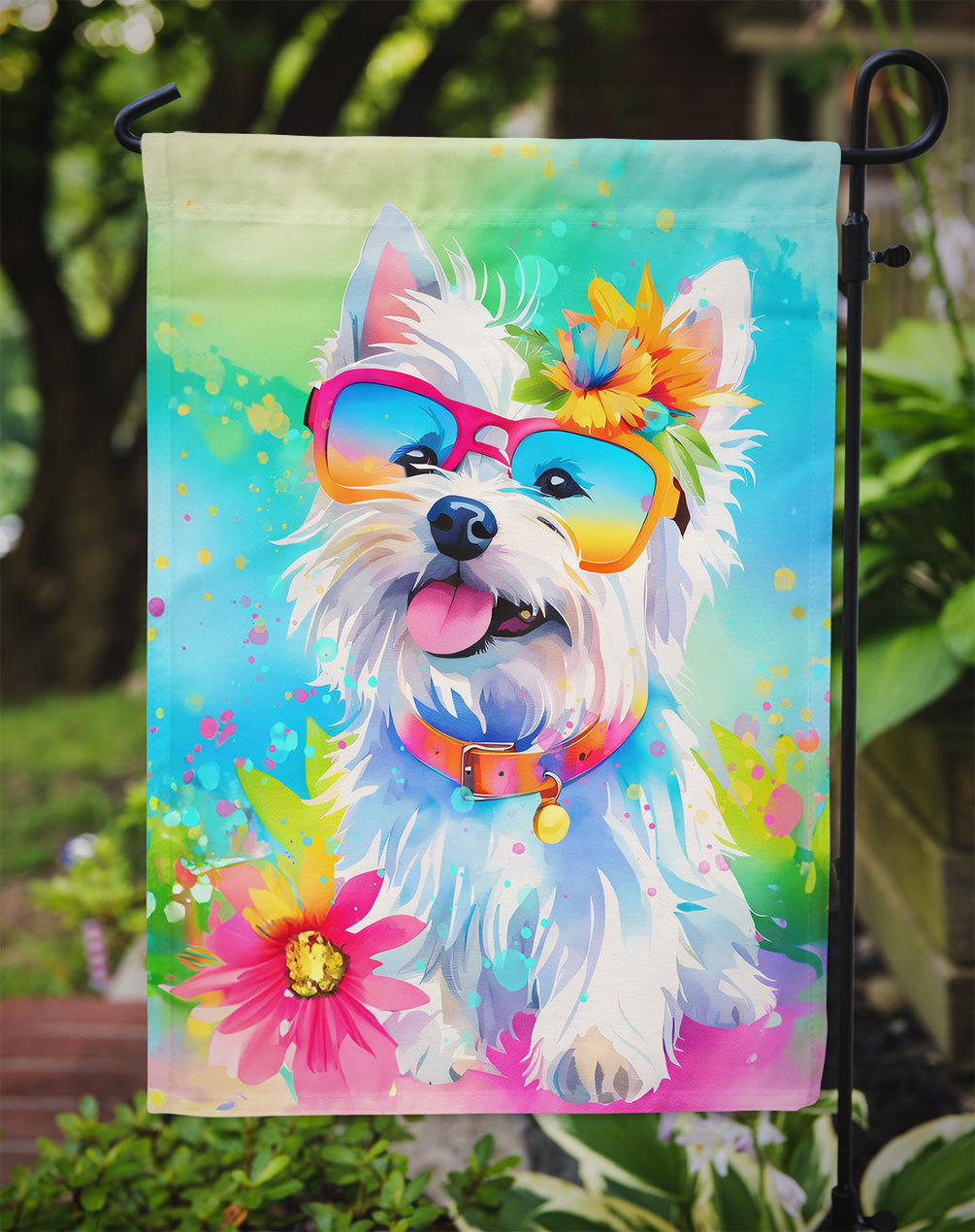 Westie Hippie Dawg Garden Flag – Retro Dog with Sunglasses & Multicolored Background