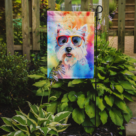 Westie Hippie Dawg Garden Flag – Retro Dog with Sunglasses & Multicolored Background