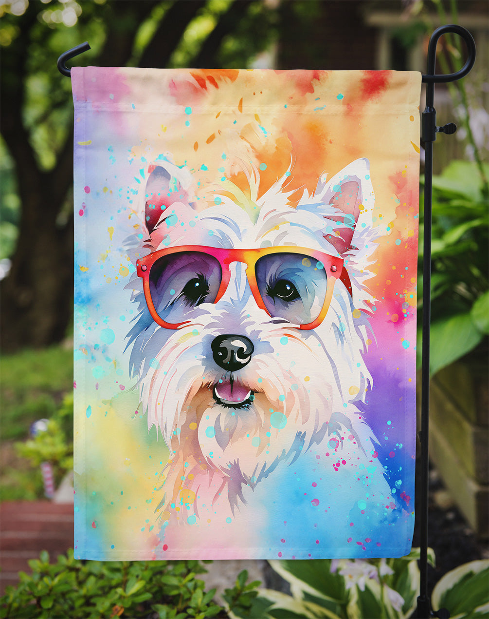 Westie Hippie Dawg Garden Flag – Retro Dog with Sunglasses & Multicolored Background