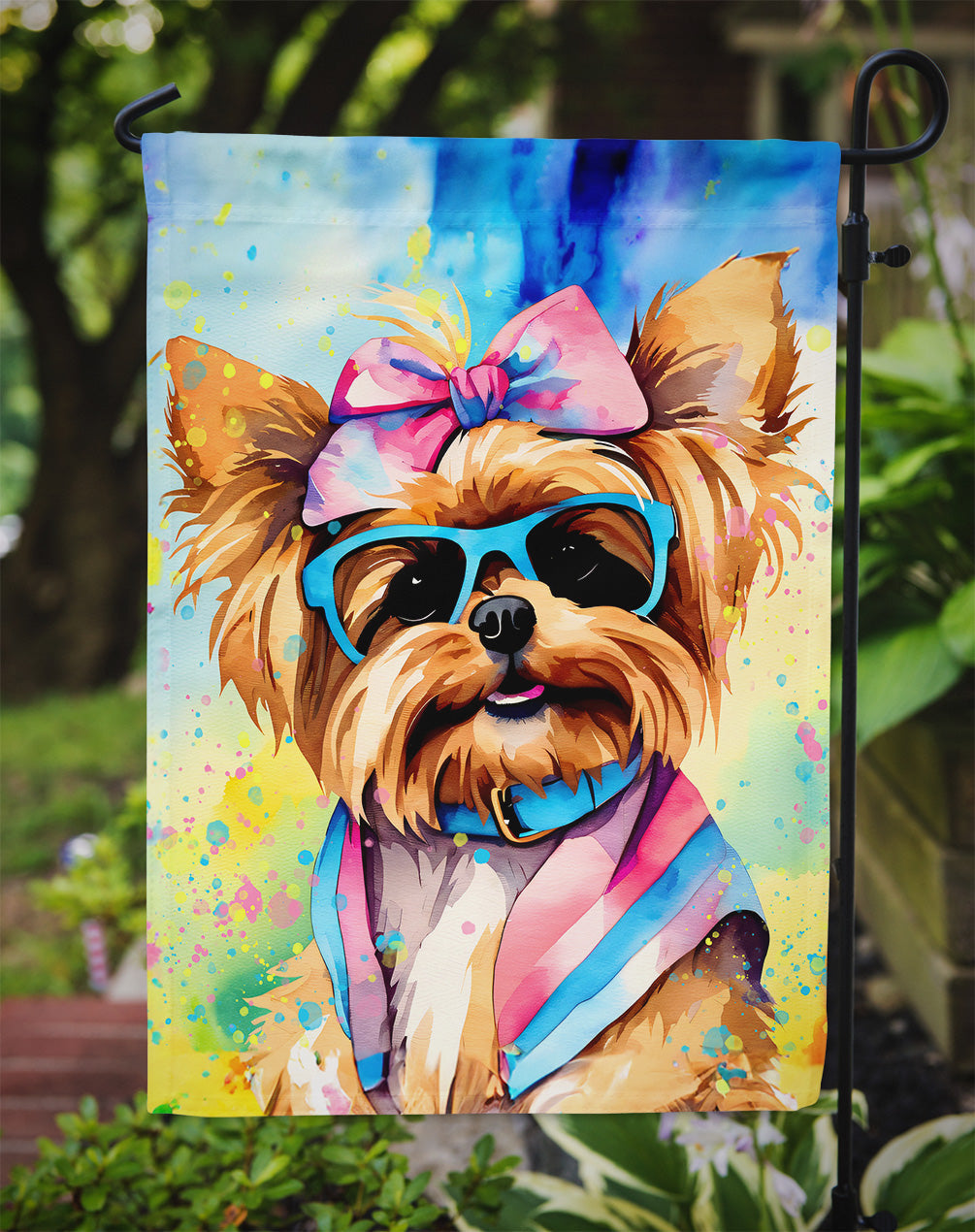 Yorkshire Terrier Hippie Dawg Garden Flag – Retro Dog with Sunglasses & Multicolored Background