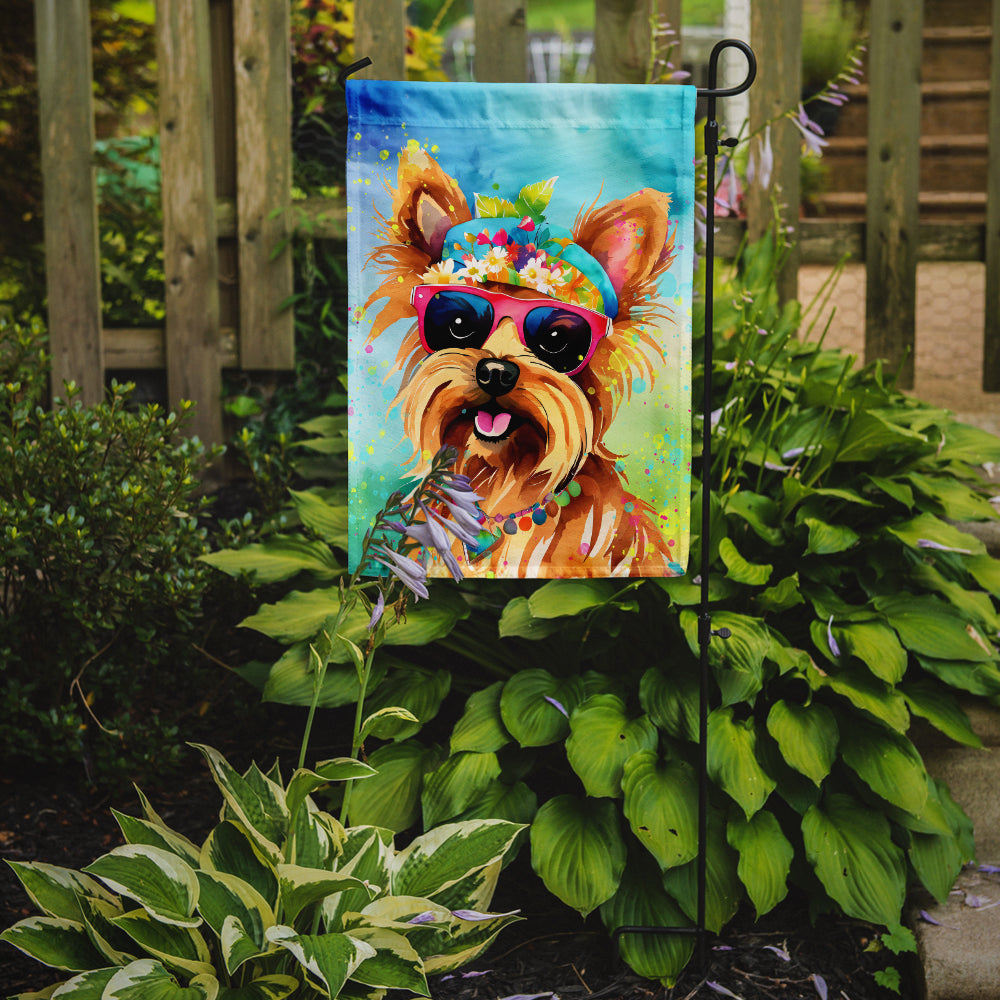Yorkshire Terrier Hippie Dawg Garden Flag – Retro Dog with Sunglasses & Multicolored Background