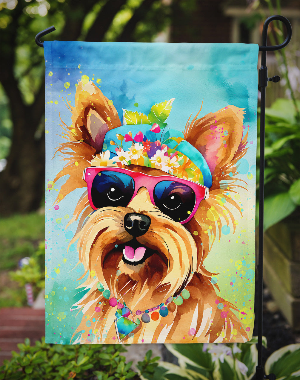 Yorkshire Terrier Hippie Dawg Garden Flag – Retro Dog with Sunglasses & Multicolored Background