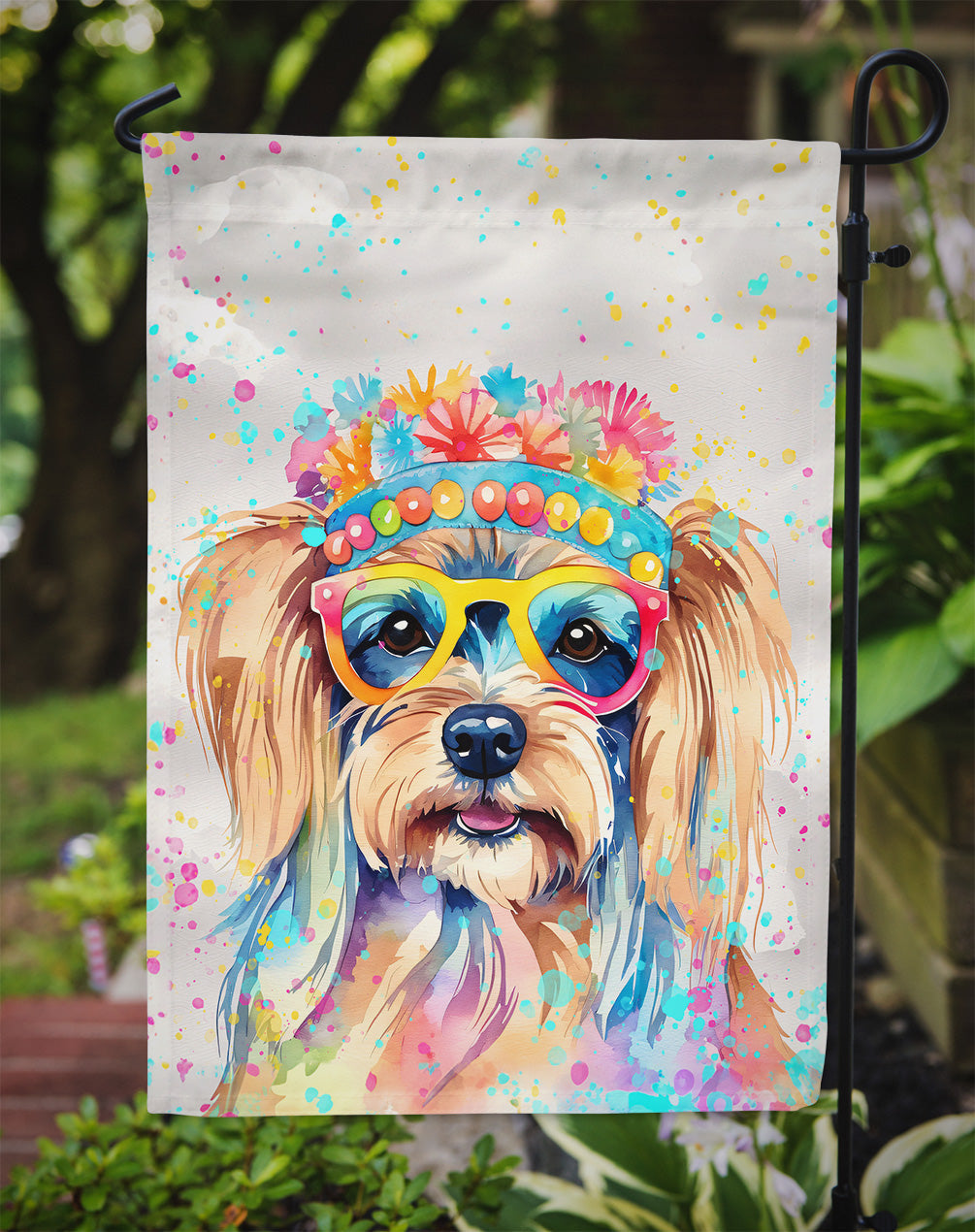 Yorkshire Terrier Hippie Dawg Garden Flag – Retro Dog with Sunglasses & Multicolored Background