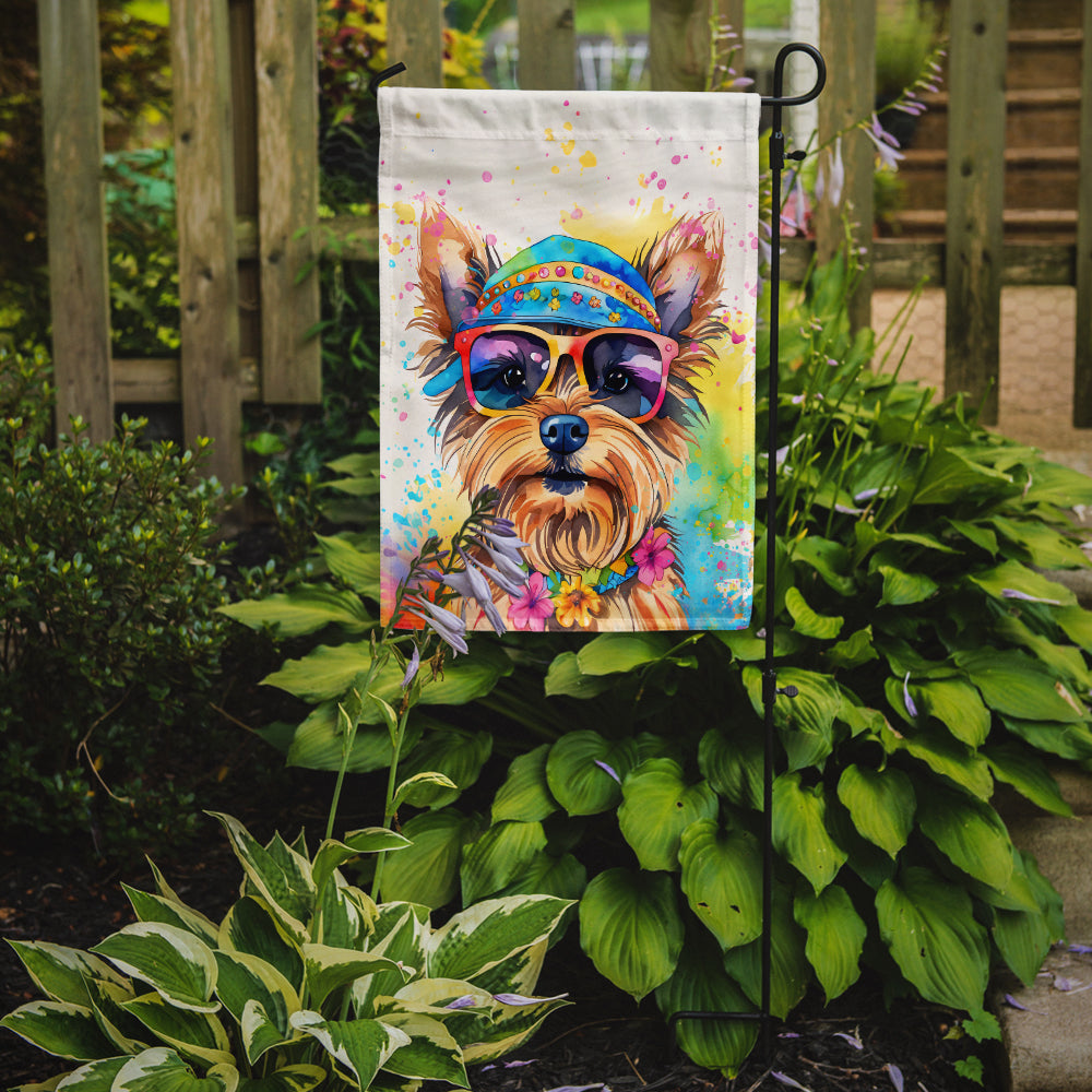 Yorkshire Terrier Hippie Dawg Garden Flag – Retro Dog with Sunglasses & Multicolored Background