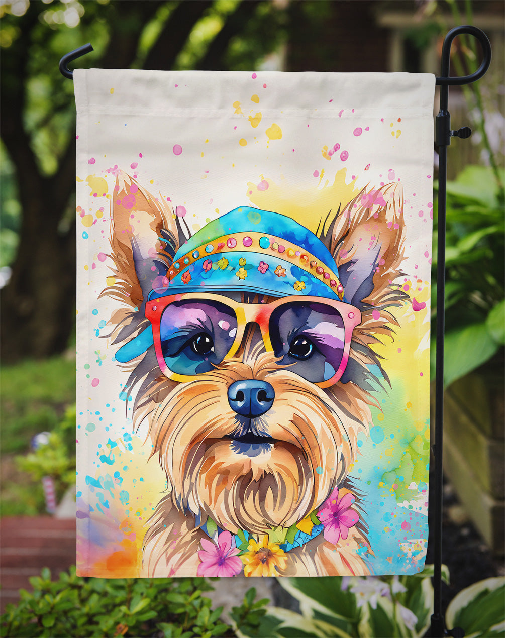 Yorkshire Terrier Hippie Dawg Garden Flag – Retro Dog with Sunglasses & Multicolored Background
