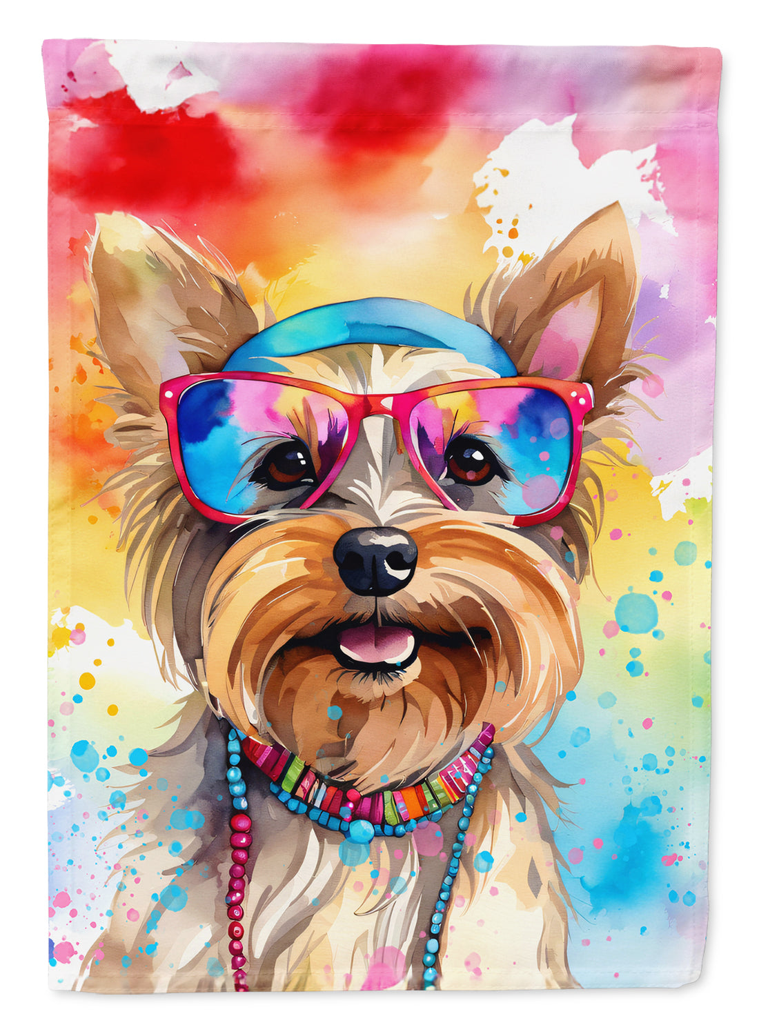 Yorkshire Terrier Hippie Dawg Garden Flag – Retro Dog with Sunglasses & Multicolored Background