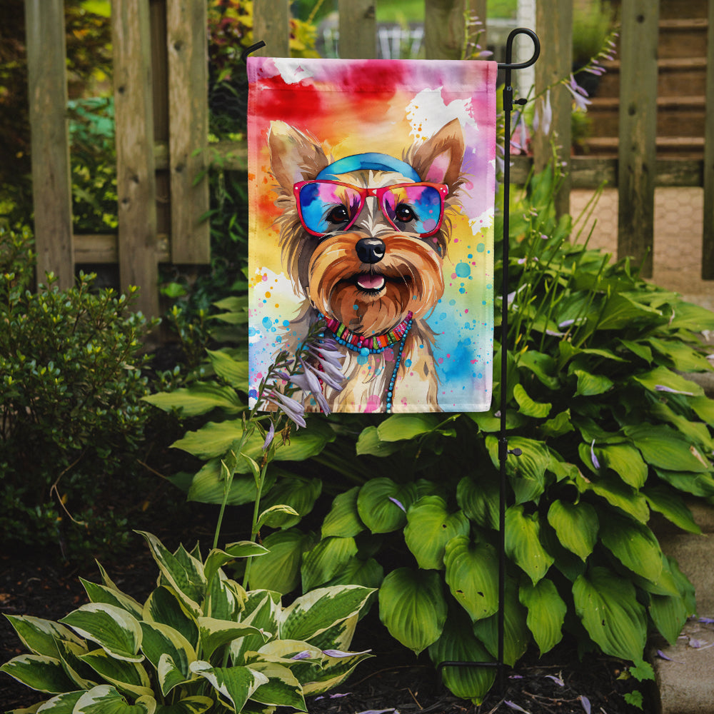 Yorkshire Terrier Hippie Dawg Garden Flag – Retro Dog with Sunglasses & Multicolored Background