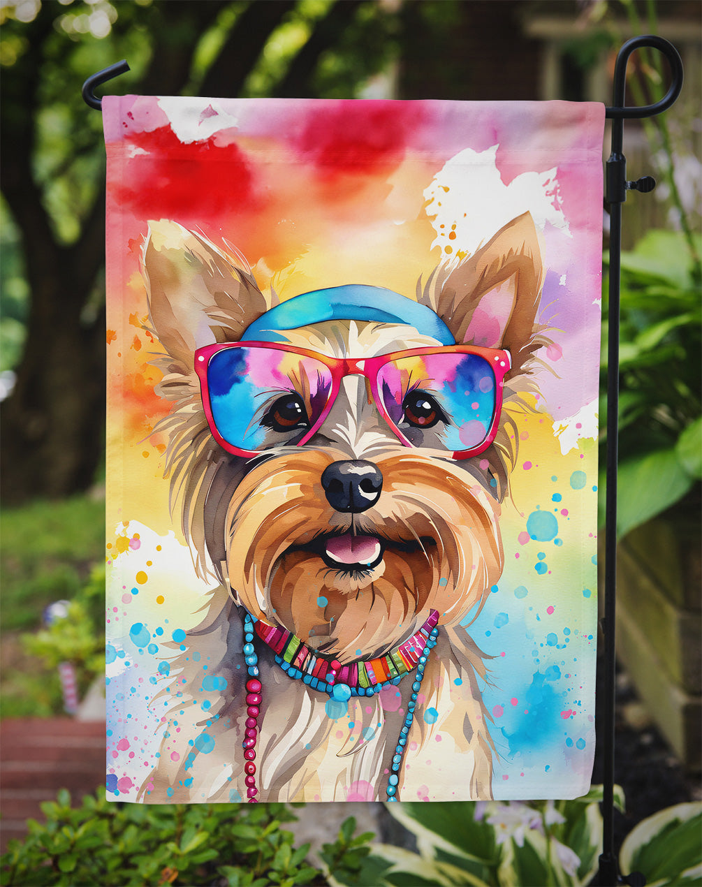 Yorkshire Terrier Hippie Dawg Garden Flag – Retro Dog with Sunglasses & Multicolored Background