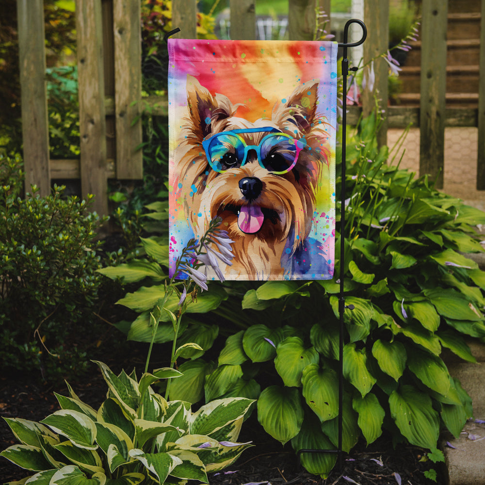 Yorkshire Terrier Hippie Dawg Garden Flag – Retro Dog with Sunglasses & Multicolored Background