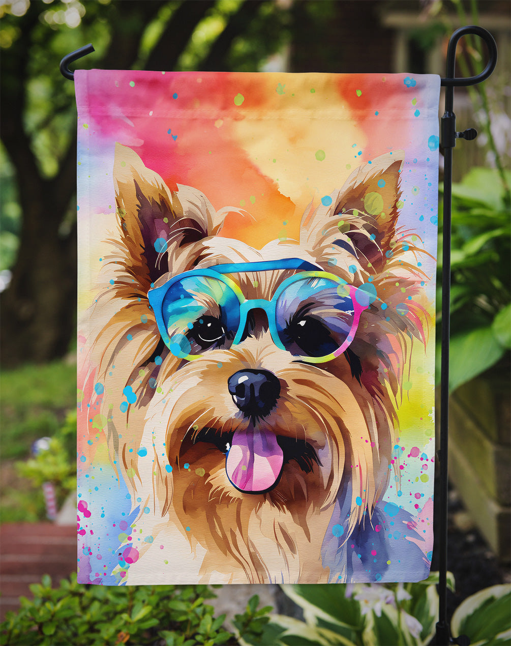 Yorkshire Terrier Hippie Dawg Garden Flag – Retro Dog with Sunglasses & Multicolored Background