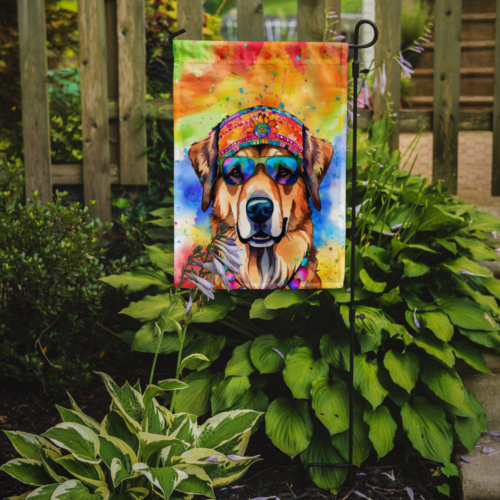 Hippie Dawg Garden Flag – Retro Dog with Sunglasses & Multicolored Background