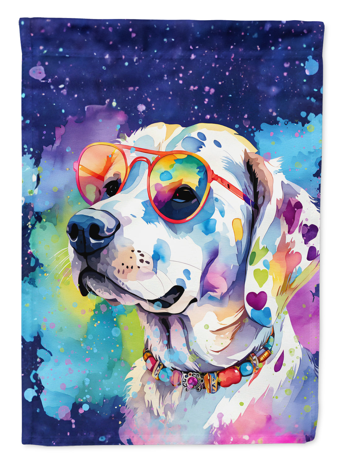 Hippie Dawg Garden Flag – Retro Dog with Sunglasses & Multicolored Background