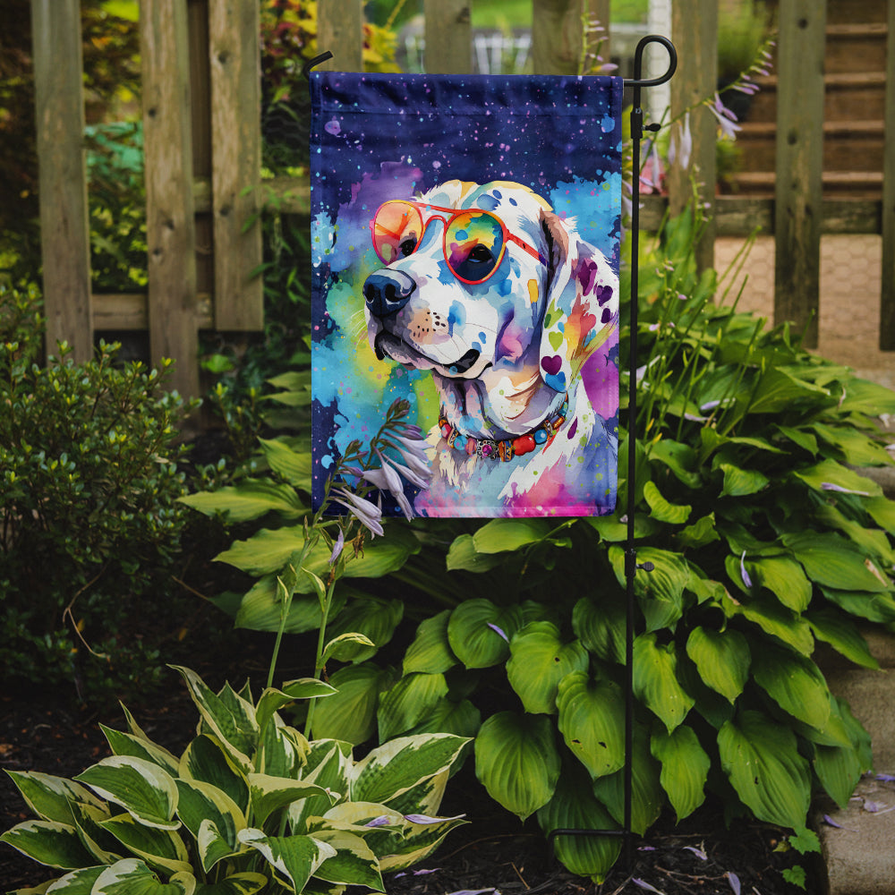 Hippie Dawg Garden Flag – Retro Dog with Sunglasses & Multicolored Background
