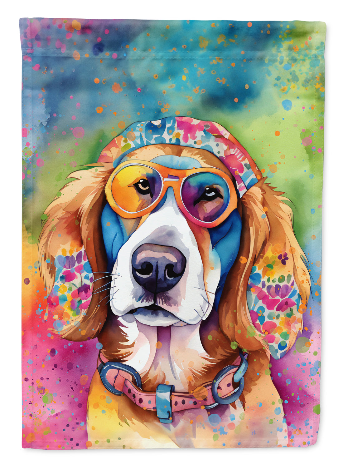 Hippie Dawg Garden Flag – Retro Dog with Sunglasses & Multicolored Background
