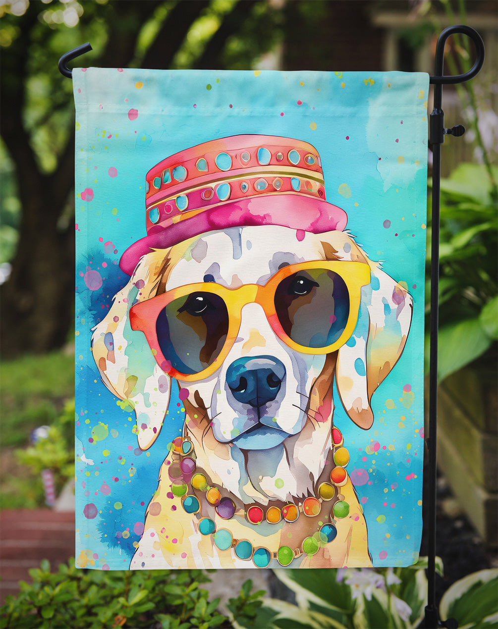 Hippie Dawg Garden Flag – Retro Dog with Sunglasses & Multicolored Background