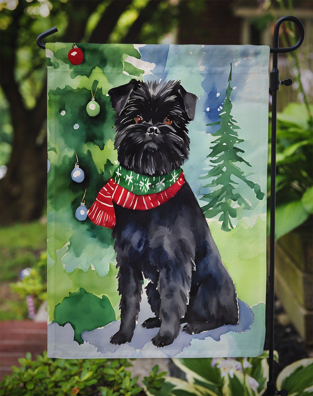 Affenpinscher Christmas Garden Flag – Cozy Dog Holiday Decor with Tree & Presents