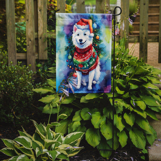 American Eskimo Christmas Garden Flag – Cozy Dog Holiday Decor with Tree & Presents