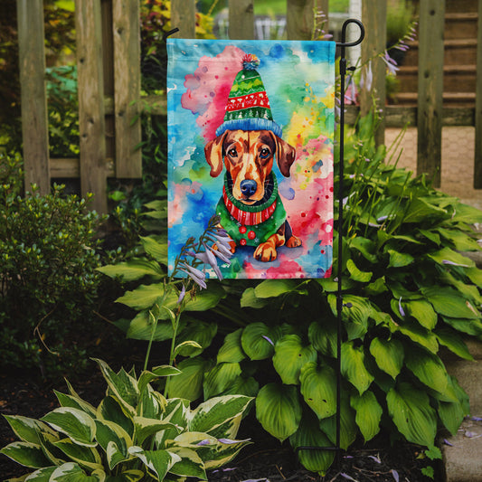 Dachshund Christmas Garden Flag – Cozy Dog Holiday Decor with Tree & Presents