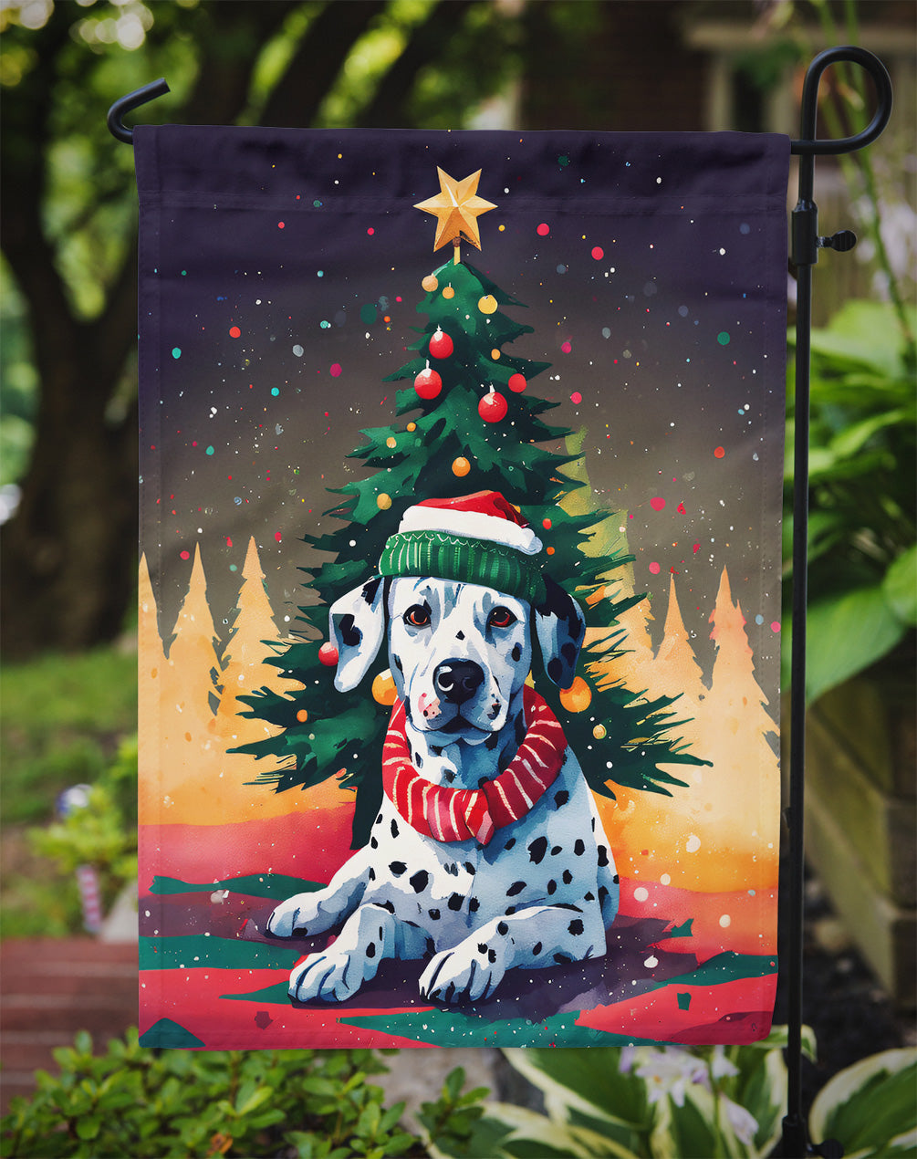 Dalmatian Christmas Garden Flag – Cozy Dog Holiday Decor with Tree & Presents