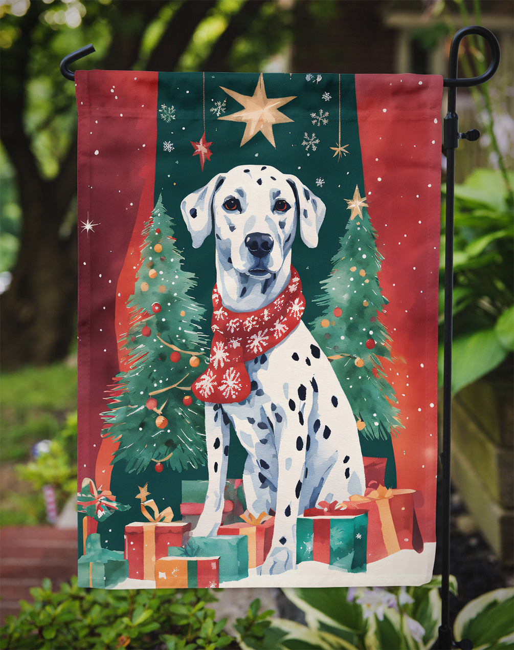 Dalmatian Christmas Garden Flag – Cozy Dog Holiday Decor with Tree & Presents