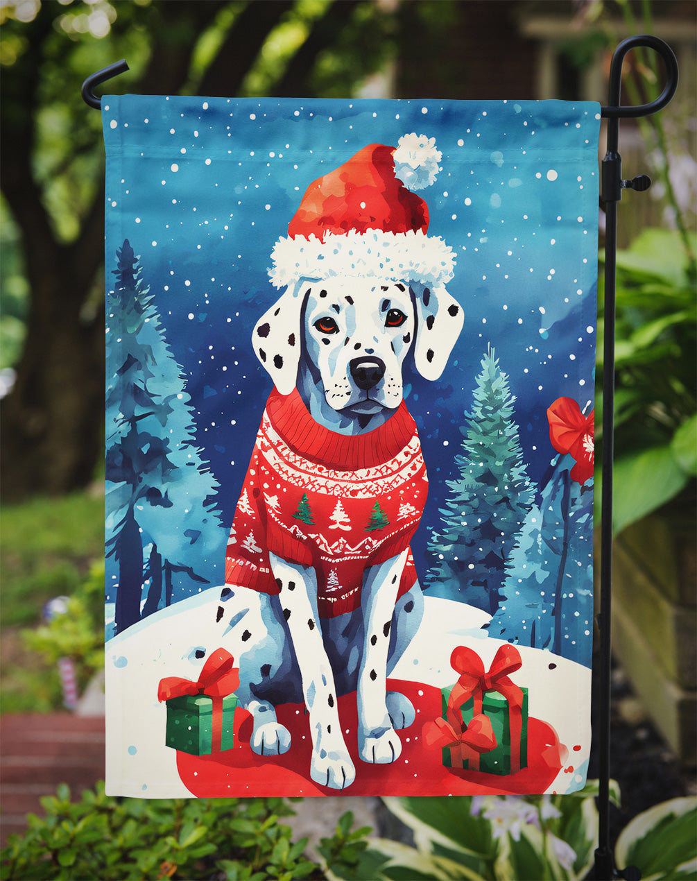Dalmatian Christmas Garden Flag – Cozy Dog Holiday Decor with Tree & Presents